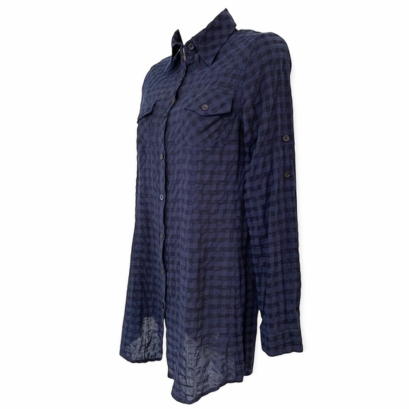 Solemio | NWOT Shirt Dress Tunic Blouse Tie Waist Blue-Black Checkered  S - Picture 9 of 16